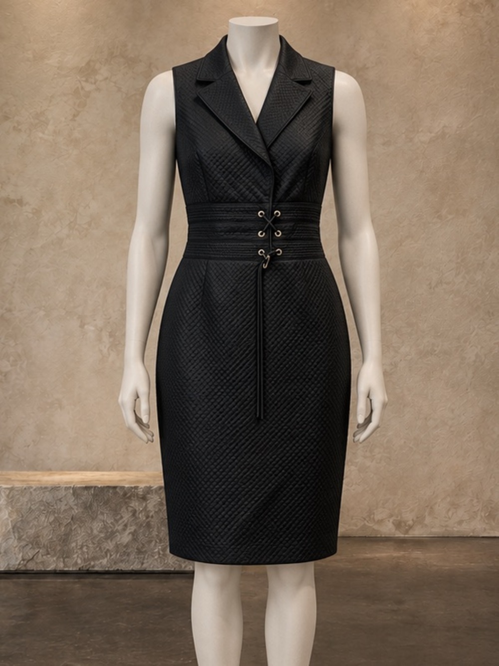 Kay Unger Black Textured Lace-Up Waist Sleeveless Sheath Dress Size 10